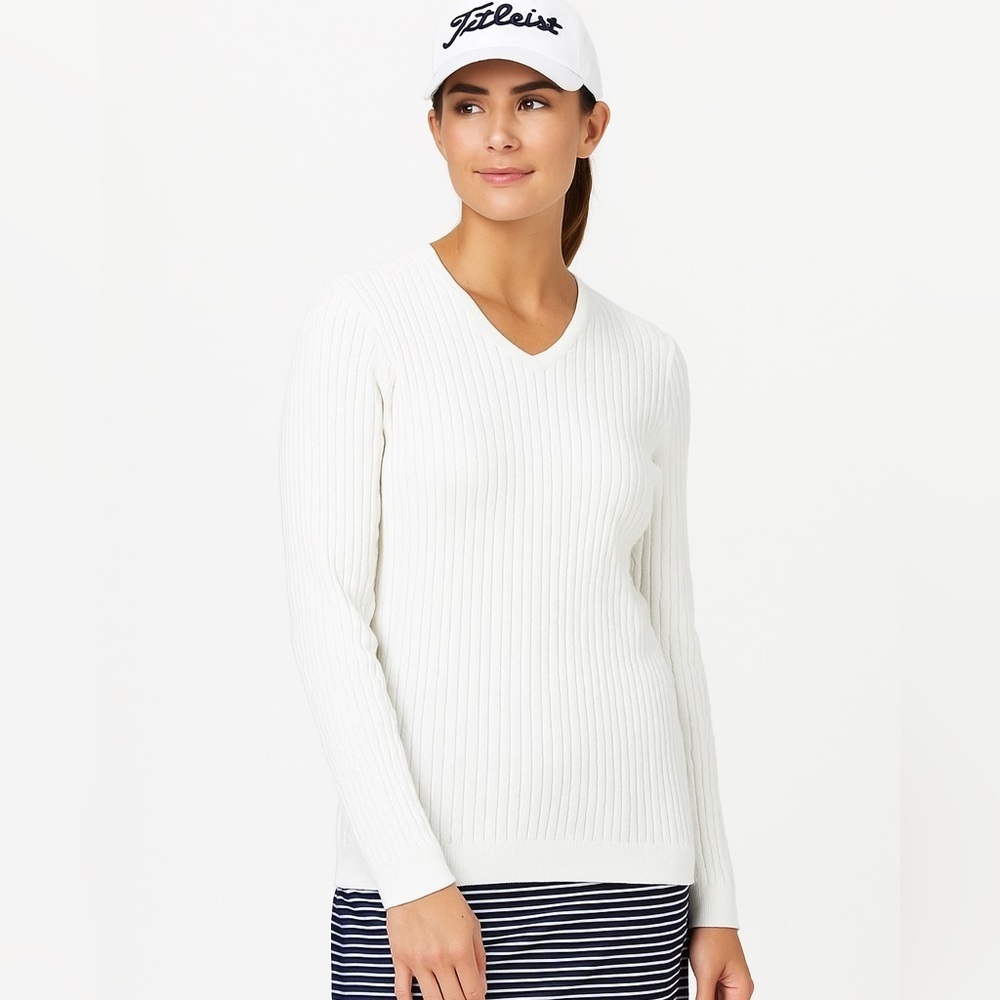 Ashworth White “Collegiate” Cable Knit V-Neck Sweater Size XL Golf Classic